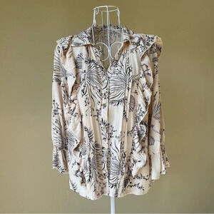 Anthropologie especia ruffle button up blouse novelty print long sleeve size S